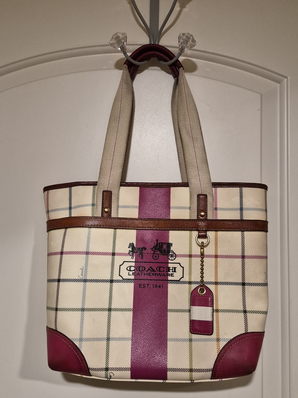 Vintage Y2K COACH Heritage Stripe Tattersall Tote Bag Pink Canvas 12220
